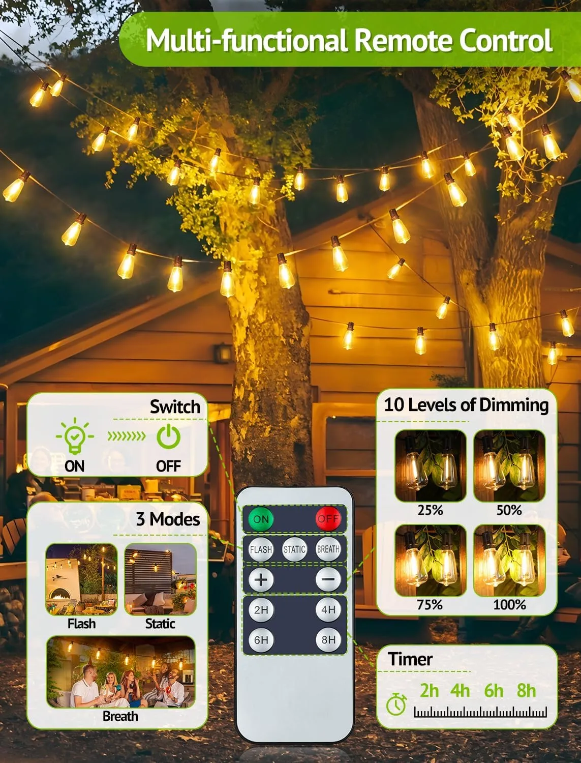 48FT Solar String Lights Outdoor with Remote, Waterproof Dimmable Patio Lights with 18 1 LED ST38 Bulbs 3 Modes Hanging Lighting for Backyard