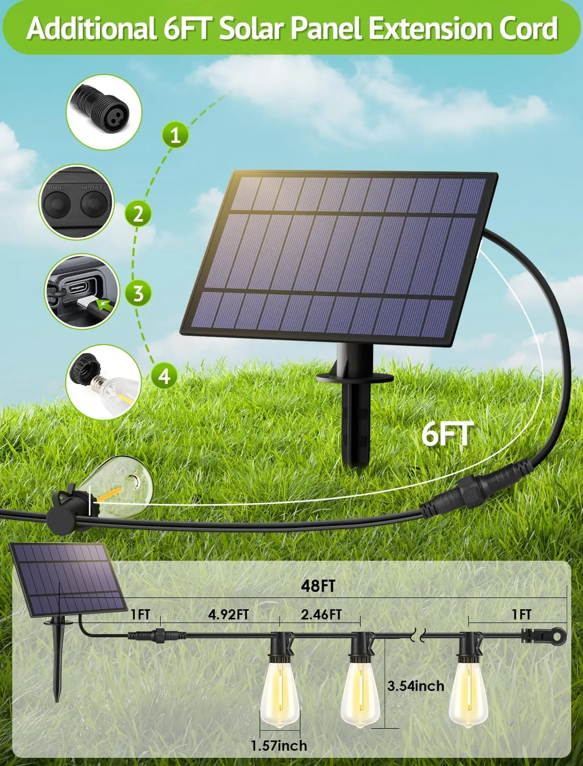 48FT Solar String Lights Outdoor with Remote, Waterproof Dimmable Patio Lights with 18 1 LED ST38 Bulbs 3 Modes Hanging Lighting for Backyard