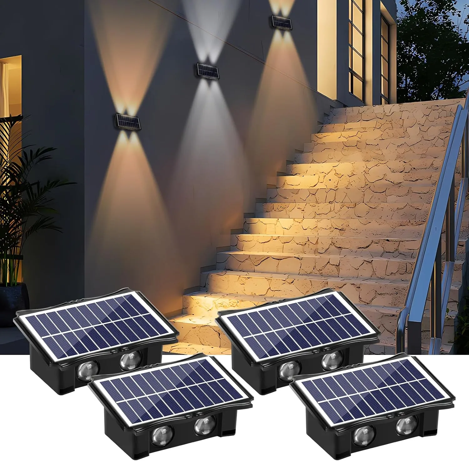 4LED Solar Wall Lights, Up and Down Lighting Solar Light Outdoor Waterproof IP65, 6500K/3000K Solar Fence Light for Yard Garden Garage Christmas Decorations (4 Pack)