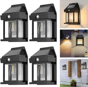 4pcs Solar Fence Lights, Motion Sensor Outdoor Lights, 3 Lighting Modes Dusk to Dawn Porch Light IP65 Waterproof, Outdoor Solar Wall Light 600LM, 1800mah Suitable for Patios, Porches, Garage (Black)