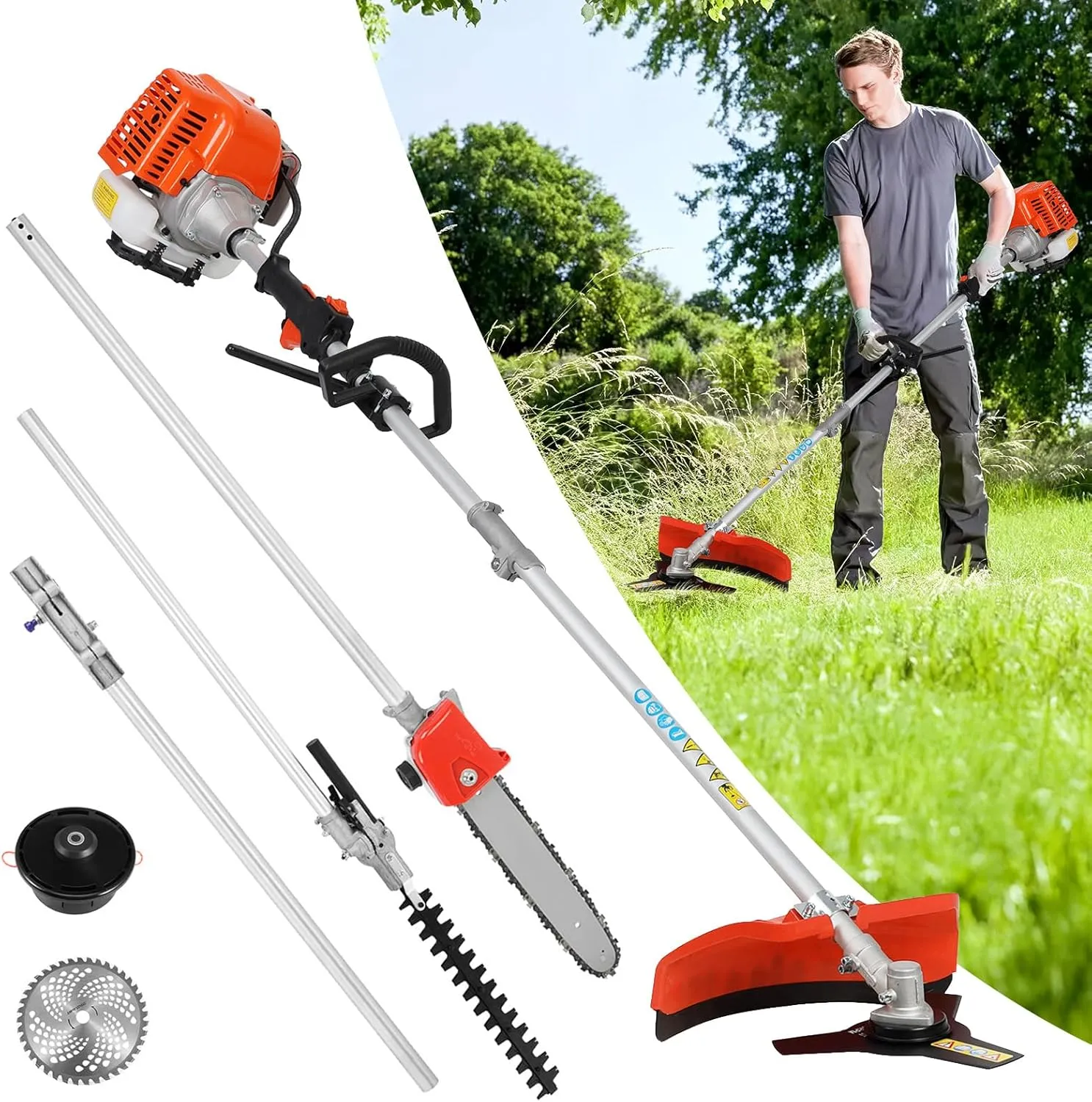 5 in 1 Weed Eater Gas Powered, 52cc 2-Stroke Gas Weed Wacker, Petrol Hedge Trimmer with Attachments, 9500rpm Strong Power & Gas Weed Eater for Yard and Garden (Orange)