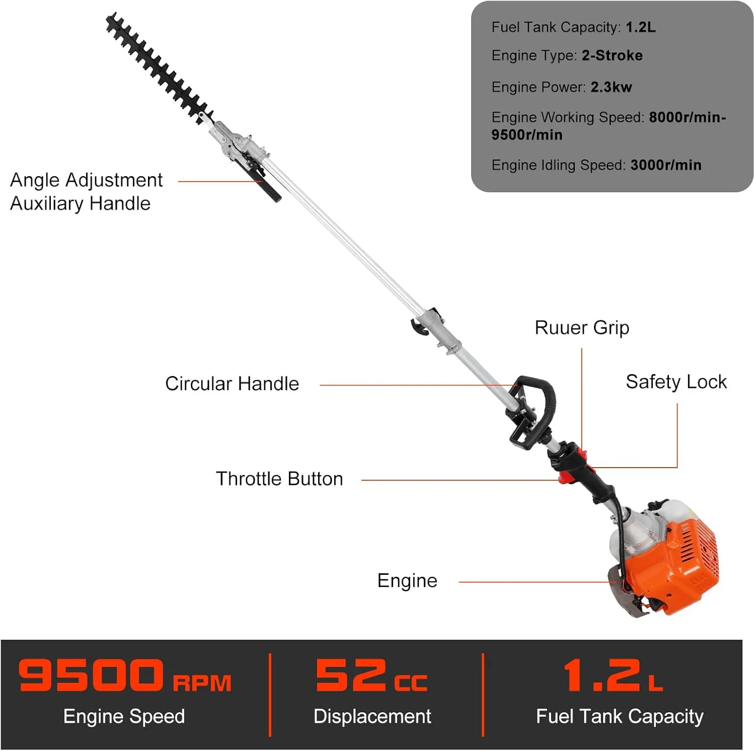 5 in 1 Weed Eater Gas Powered, 52cc 2-Stroke Gas Weed Wacker, Petrol Hedge Trimmer with Attachments, 9500rpm Strong Power & Gas Weed Eater for Yard and Garden (Orange)