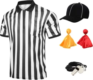 5 Pcs Men's Referee Costume Kit Official Referee Shirt Womens Ref Hat Whistle Yellow Red Penaltys Flag for Football Halloween