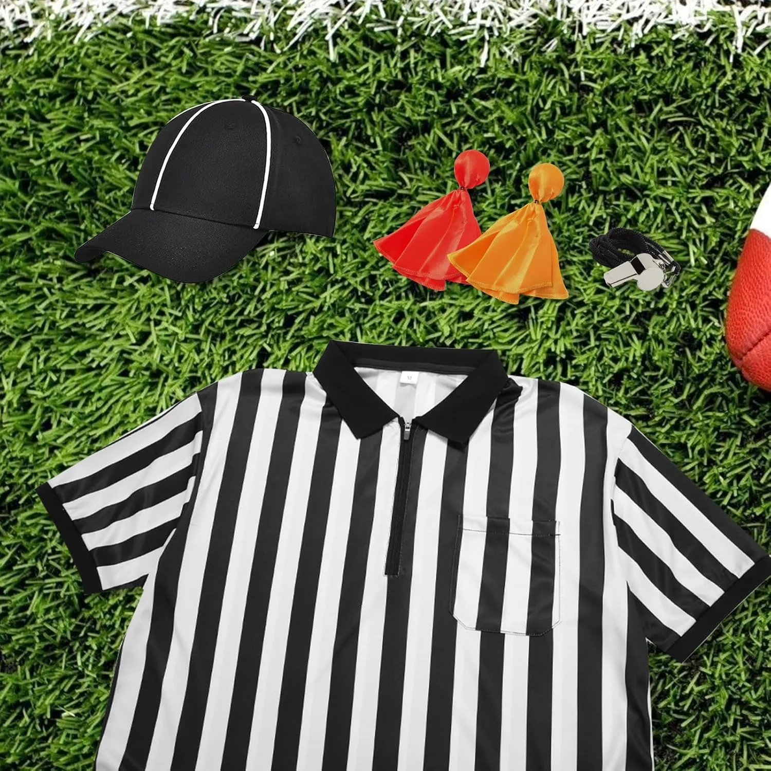 5 Pcs Men's Referee Costume Kit Official Referee Shirt Womens Ref Hat Whistle Yellow Red Penaltys Flag for Football Halloween