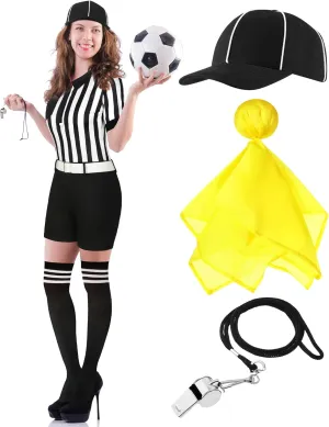 5 Pcs Referee Costume for Women Carnival Halloween Ref Uniform with Belt Hat Whistle Yellow Penalty Flags Long Socks