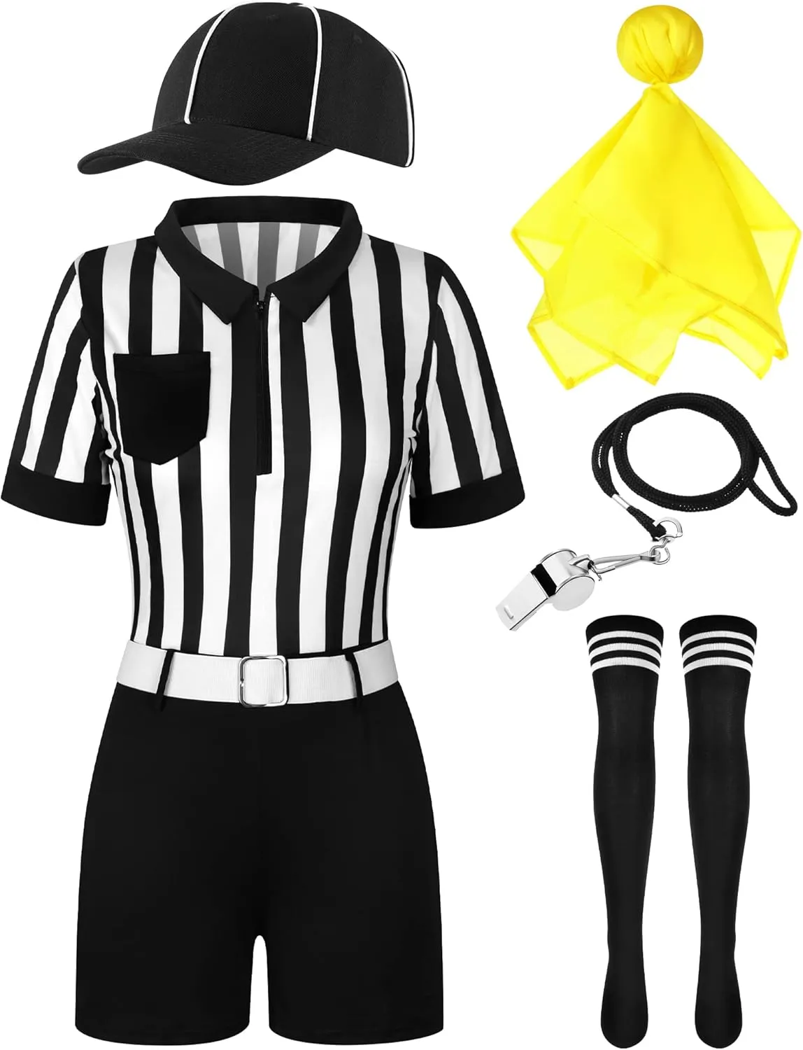 5 Pcs Referee Costume for Women Carnival Halloween Ref Uniform with Belt Hat Whistle Yellow Penalty Flags Long Socks