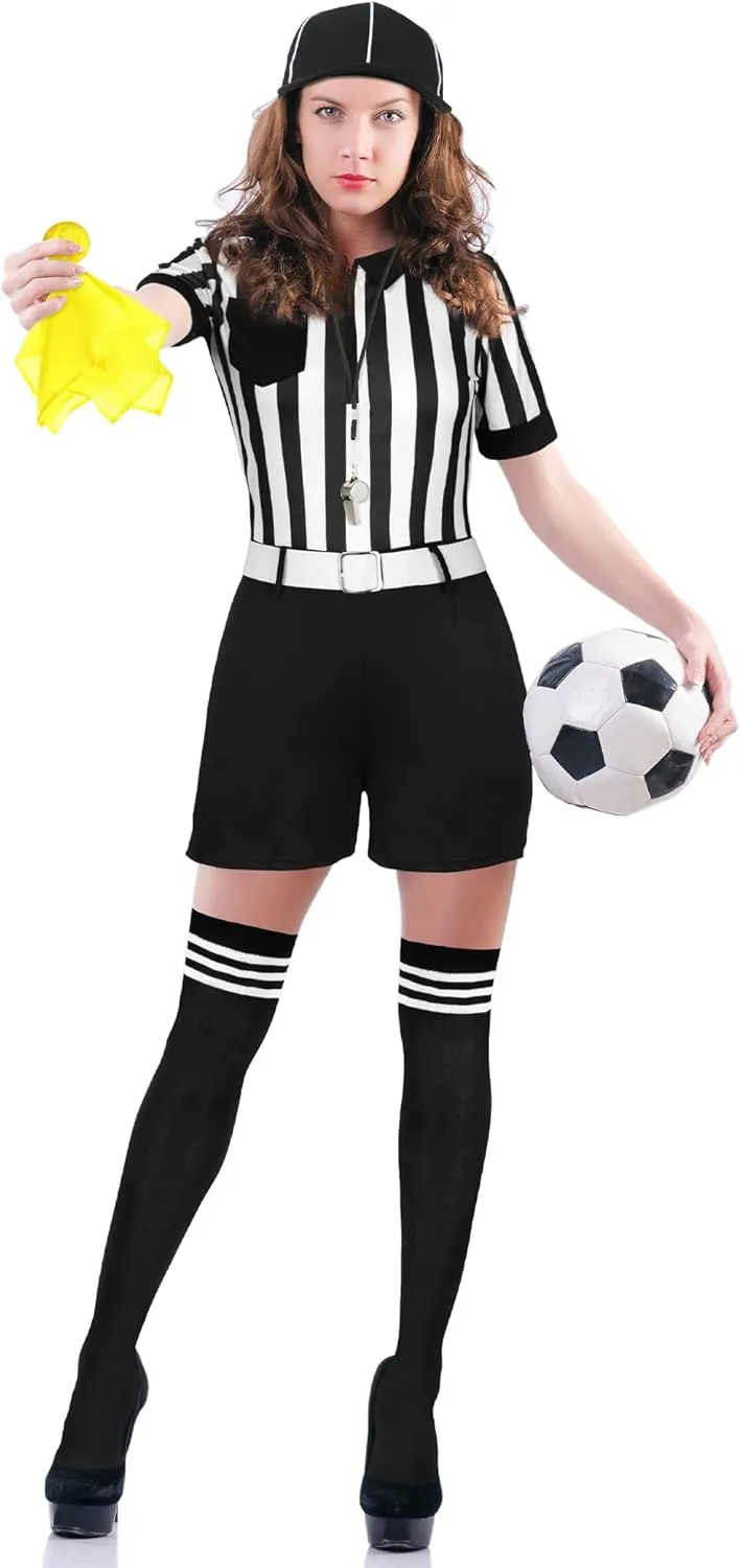 5 Pcs Referee Costume for Women Carnival Halloween Ref Uniform with Belt Hat Whistle Yellow Penalty Flags Long Socks