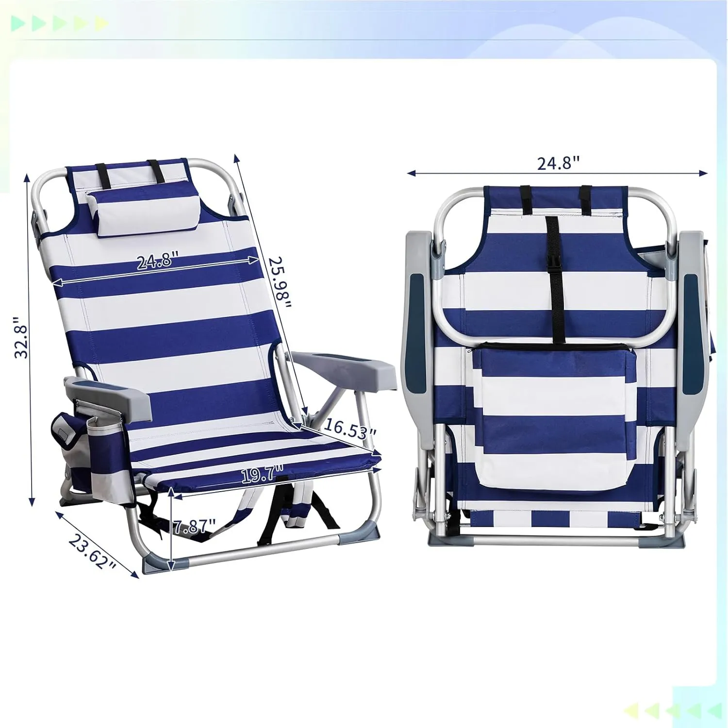 5-Position Classic Lay Flat Folding Backpack Beach Chair,Aluminum,High Back Beach Chairs with Hard Armrest,Supports 220lbs for Beach Lawn Concert,Hiking,Camping Activities,Outdoor Travel,Blue Stripes