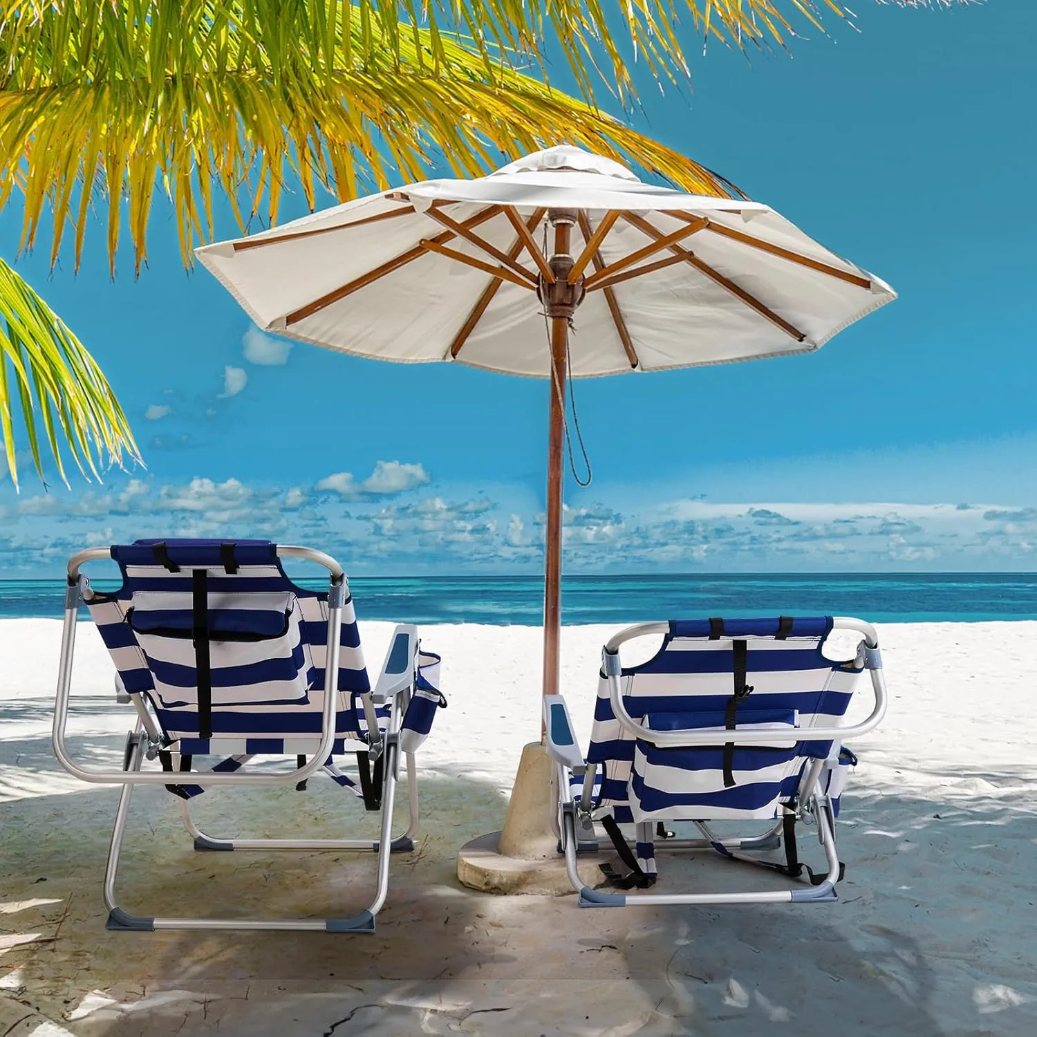5-Position Classic Lay Flat Folding Backpack Beach Chair,Aluminum,High Back Beach Chairs with Hard Armrest,Supports 220lbs for Beach Lawn Concert,Hiking,Camping Activities,Outdoor Travel,Blue Stripes
