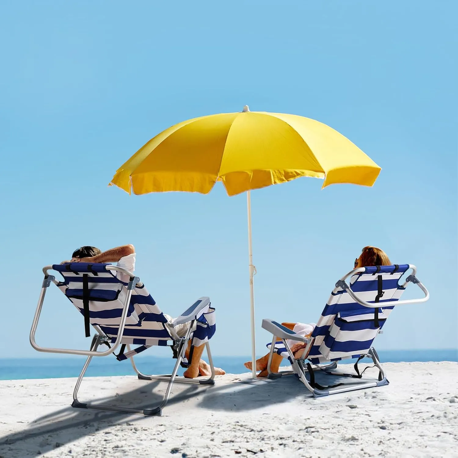 5-Position Classic Lay Flat Folding Backpack Beach Chair,Aluminum,High Back Beach Chairs with Hard Armrest,Supports 220lbs for Beach Lawn Concert,Hiking,Camping Activities,Outdoor Travel,Blue Stripes