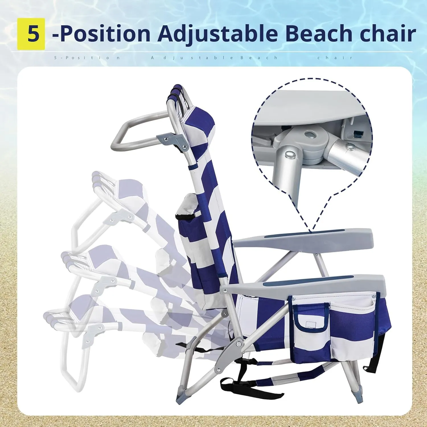 5-Position Classic Lay Flat Folding Backpack Beach Chair,Aluminum,High Back Beach Chairs with Hard Armrest,Supports 220lbs for Beach Lawn Concert,Hiking,Camping Activities,Outdoor Travel,Blue Stripes