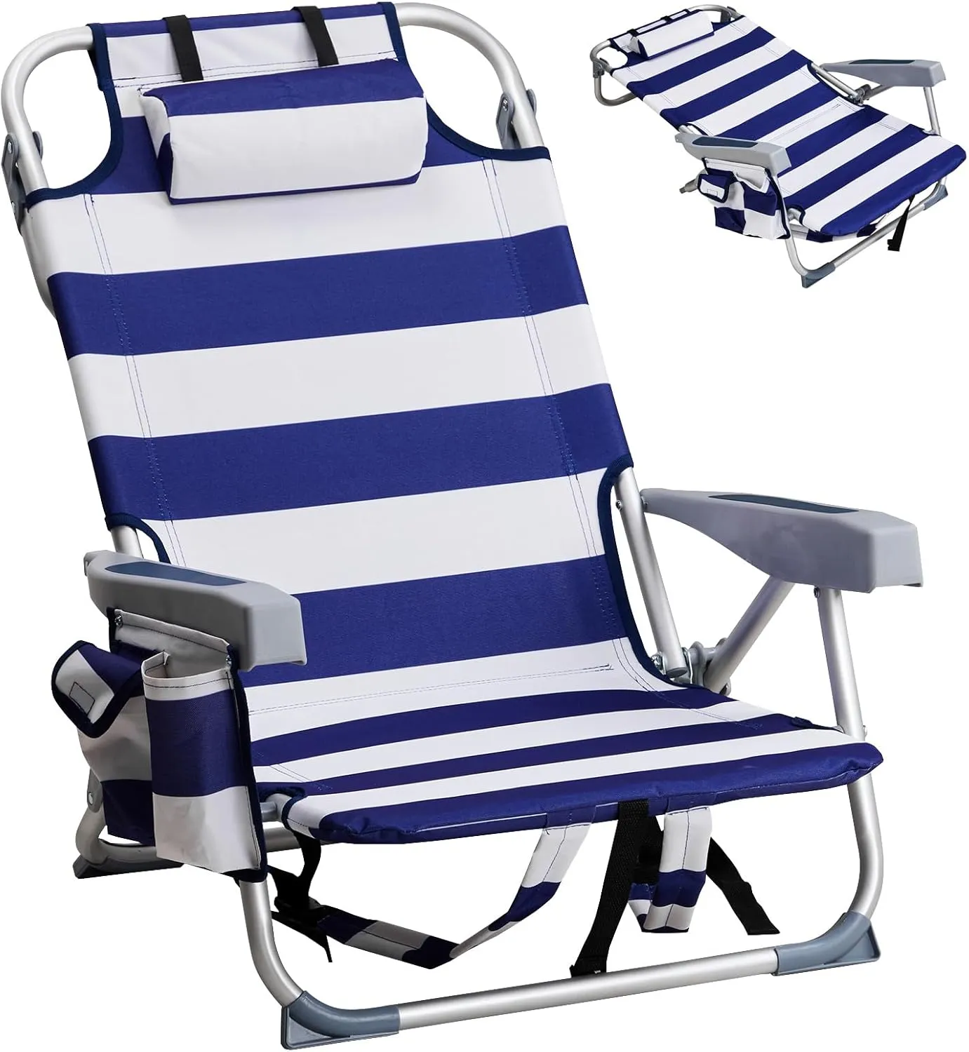 5-Position Classic Lay Flat Folding Backpack Beach Chair,Aluminum,High Back Beach Chairs with Hard Armrest,Supports 220lbs for Beach Lawn Concert,Hiking,Camping Activities,Outdoor Travel,Blue Stripes