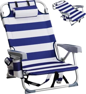 5-Position Classic Lay Flat Folding Backpack Beach Chair,Aluminum,High Back Beach Chairs with Hard Armrest,Supports 220lbs for Beach Lawn Concert,Hiking,Camping Activities,Outdoor Travel,Blue Stripes