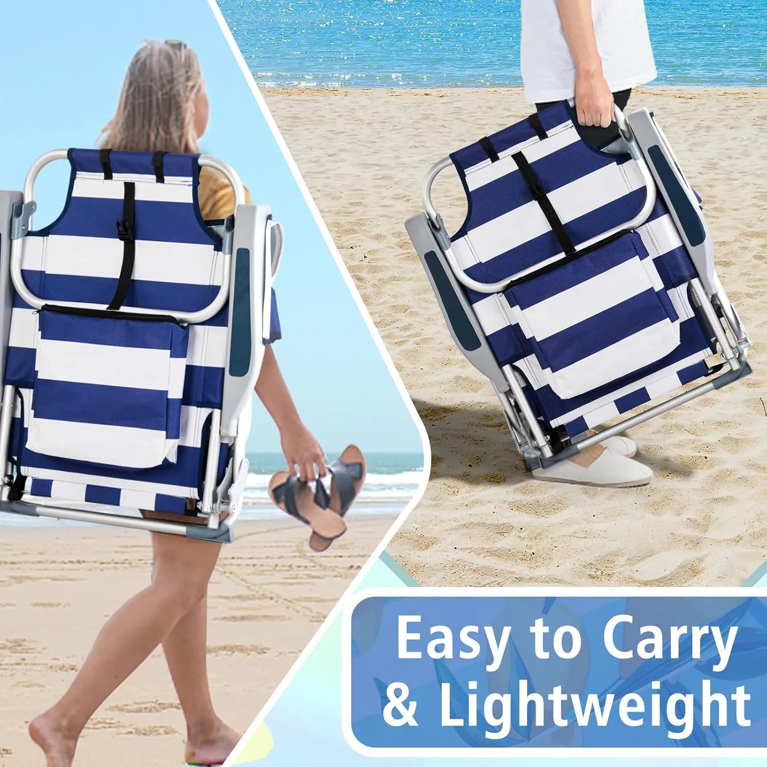 5-Position Classic Lay Flat Folding Backpack Beach Chair,Aluminum,High Back Beach Chairs with Hard Armrest,Supports 220lbs for Beach Lawn Concert,Hiking,Camping Activities,Outdoor Travel,Blue Stripes