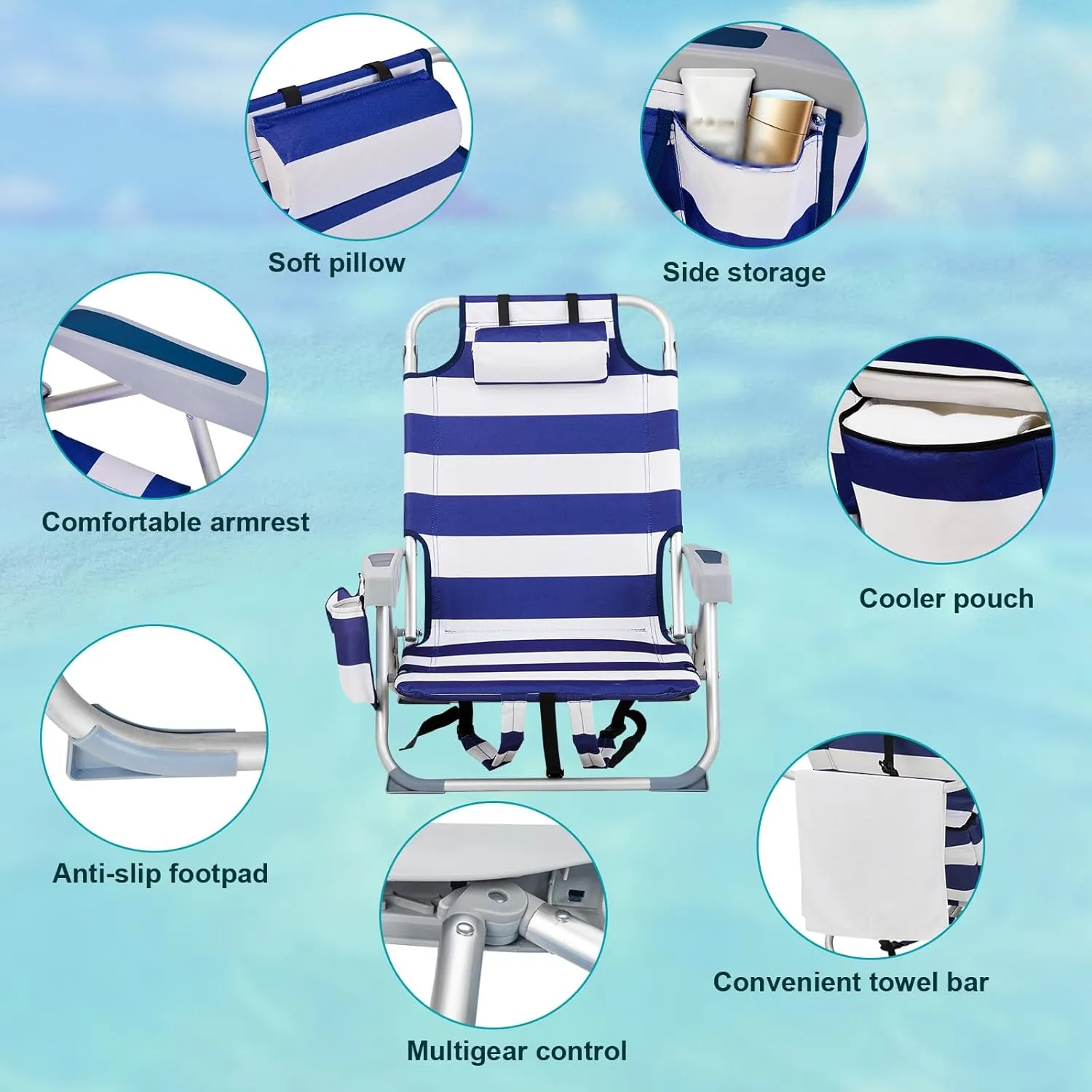 5-Position Classic Lay Flat Folding Backpack Beach Chair,Aluminum,High Back Beach Chairs with Hard Armrest,Supports 220lbs for Beach Lawn Concert,Hiking,Camping Activities,Outdoor Travel,Blue Stripes