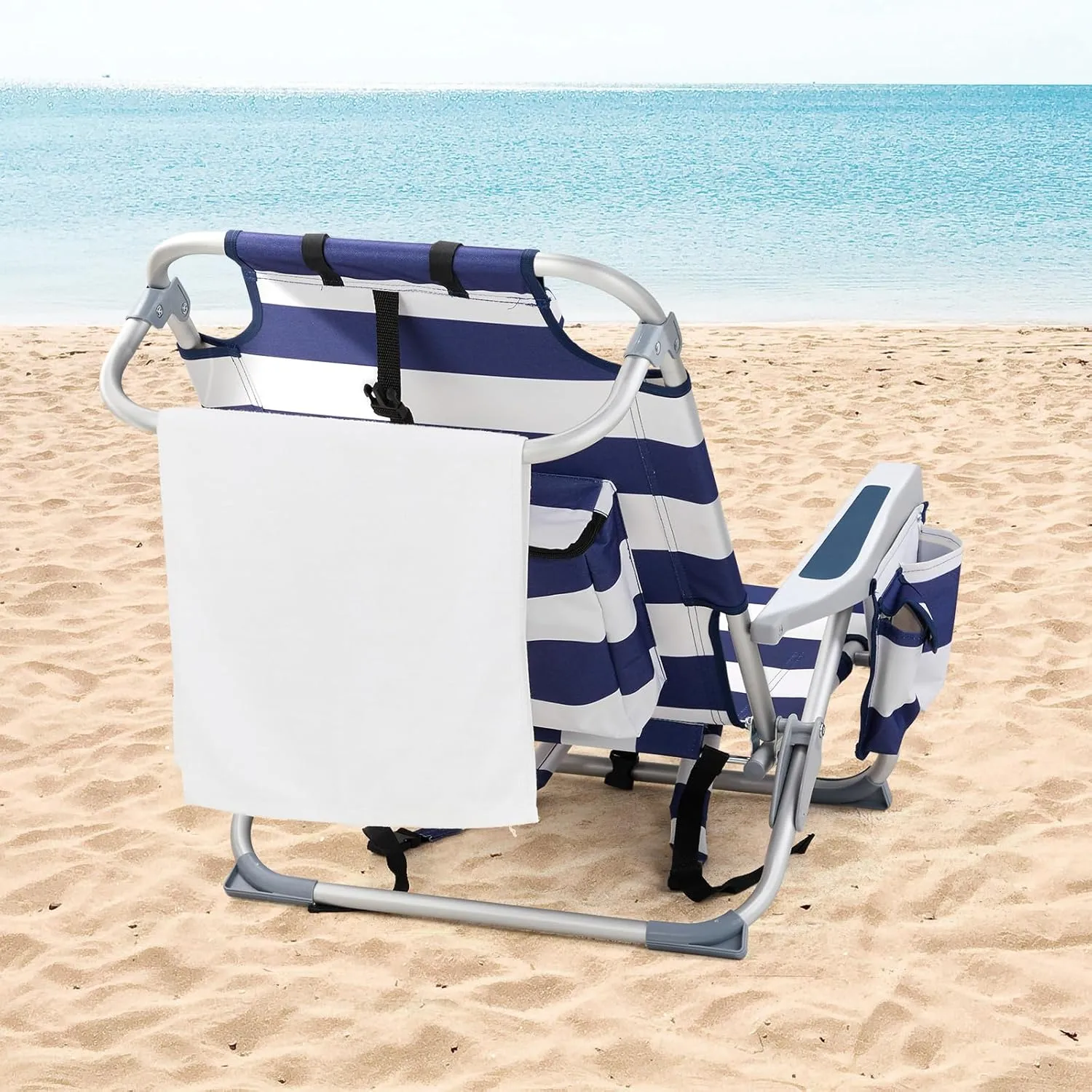 5-Position Classic Lay Flat Folding Backpack Beach Chair,Aluminum,High Back Beach Chairs with Hard Armrest,Supports 220lbs for Beach Lawn Concert,Hiking,Camping Activities,Outdoor Travel,Blue Stripes