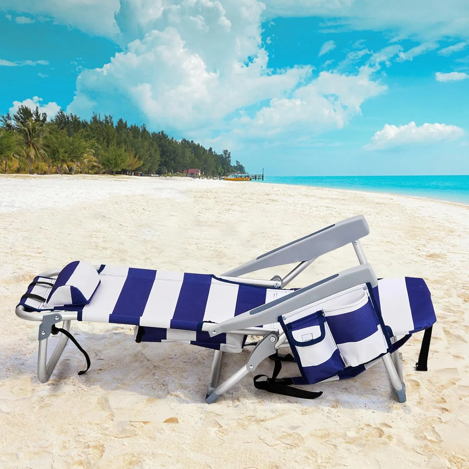 5-Position Classic Lay Flat Folding Backpack Beach Chair,Aluminum,High Back Beach Chairs with Hard Armrest,Supports 220lbs for Beach Lawn Concert,Hiking,Camping Activities,Outdoor Travel,Blue Stripes