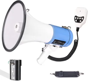 50 Watt Professional Bluetooth Megaphone Bullhorn Speaker with Rechargeable Battery & Portable Strap - Siren and Recording - USB/SD/AUX Input - for Police, Cheerleading, Outdoor