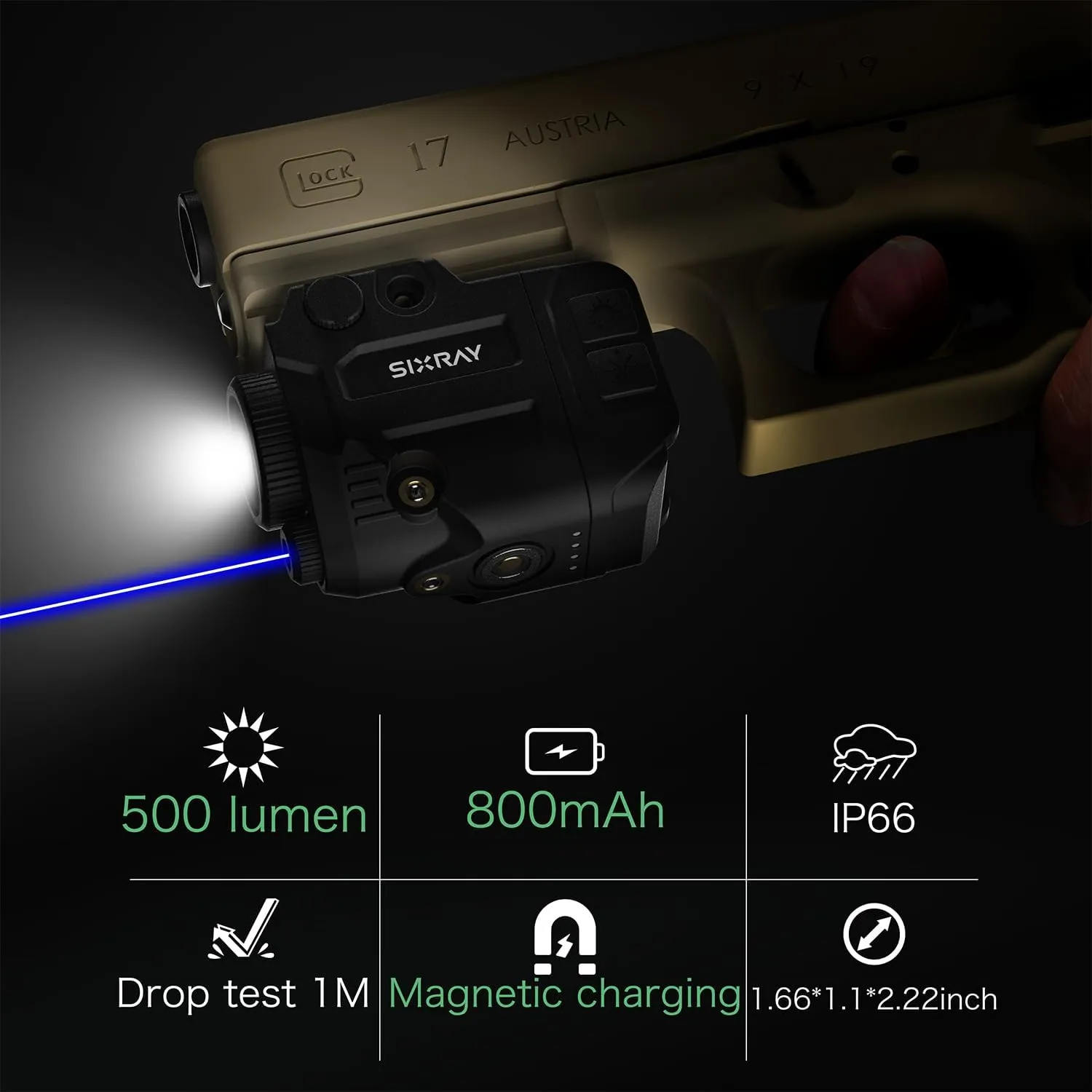 500 Lumen Pistol Light Laser Combo Rechargeable Blue Laser Beam