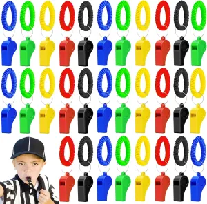 50/100PCS Plastic Referee Whistle with Bracelet Loud Crisp Sound Sports Whistle Multicolor Bulk for Adults Kids Coaches Referees Teachers Officials Polices Outdoor Basketball Volleyball Soccer