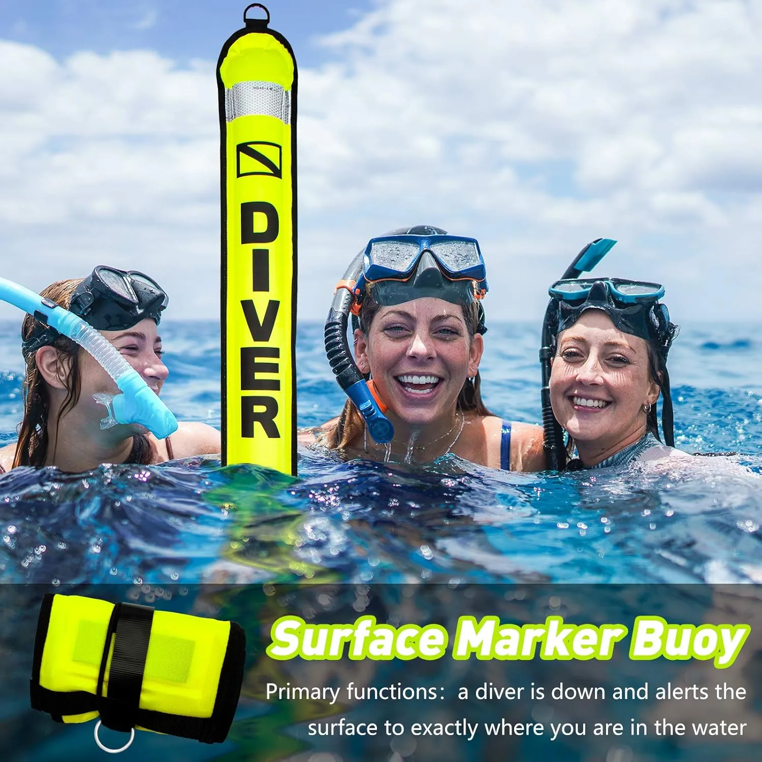 5ft Scuba Diving Surface Marker Buoy (SMB), Safety Sausage with Plastic 98ft Finger Spool Reel and Double Ended Hook Clip   Emergency Whistle for Underwater Diving