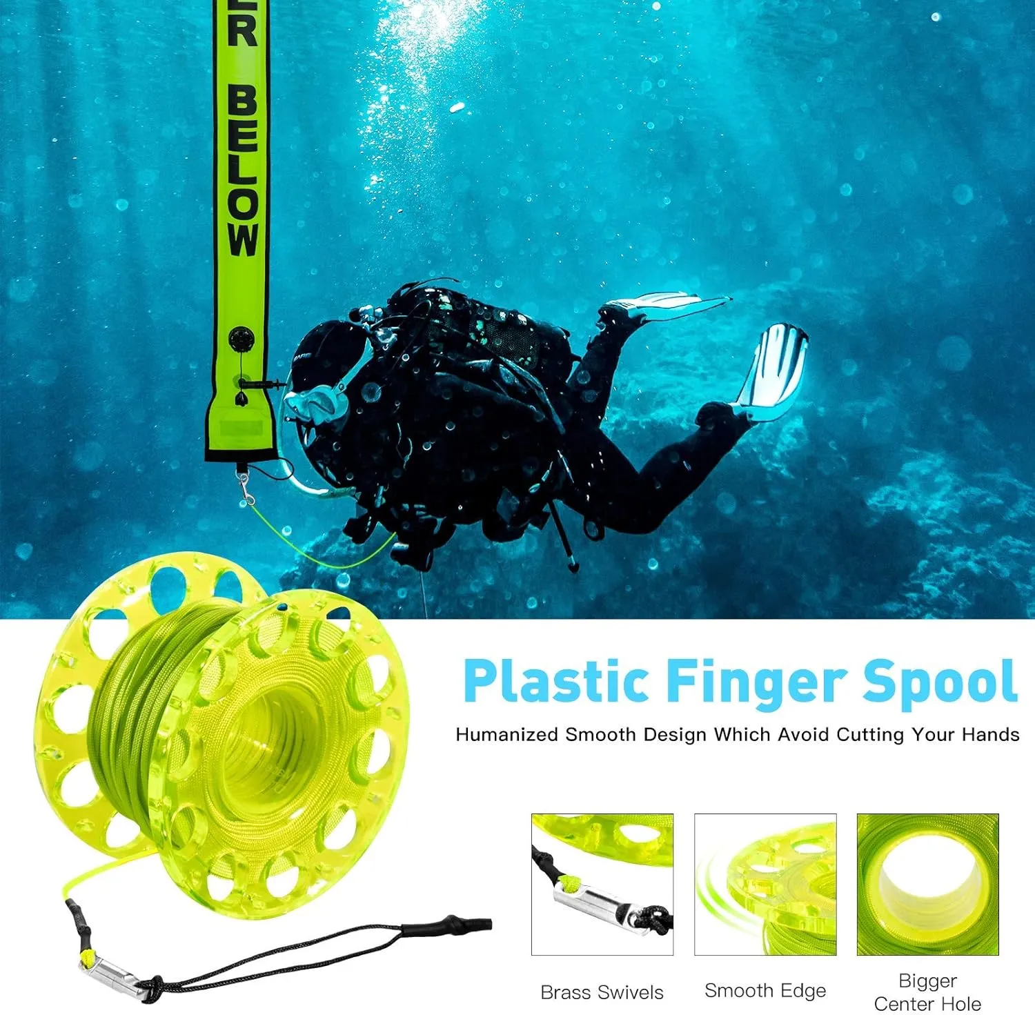 5ft Scuba Diving Surface Marker Buoy (SMB), Safety Sausage with Plastic 98ft Finger Spool Reel and Double Ended Hook Clip   Emergency Whistle for Underwater Diving