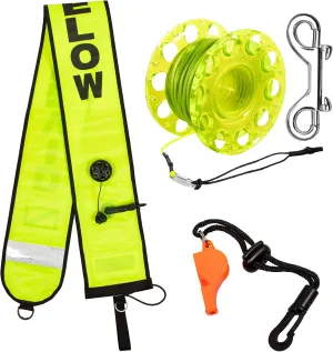 5ft Scuba Diving Surface Marker Buoy (SMB), Safety Sausage with Plastic 98ft Finger Spool Reel and Double Ended Hook Clip   Emergency Whistle for Underwater Diving