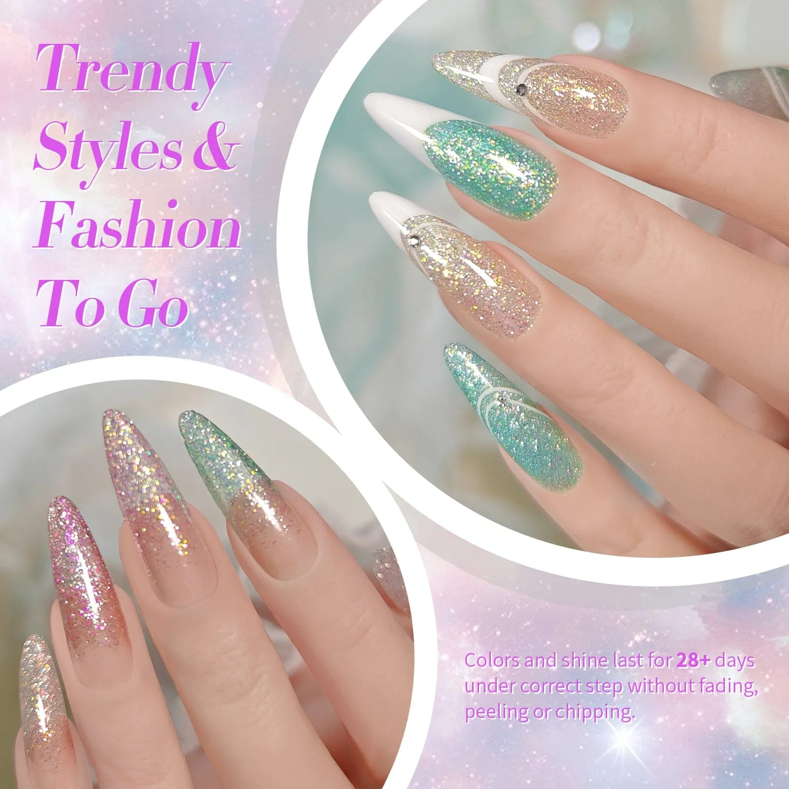 6 Colors Pink Green Reflective Glitter Gel Polish Set T15 Crush Starlight 7ml