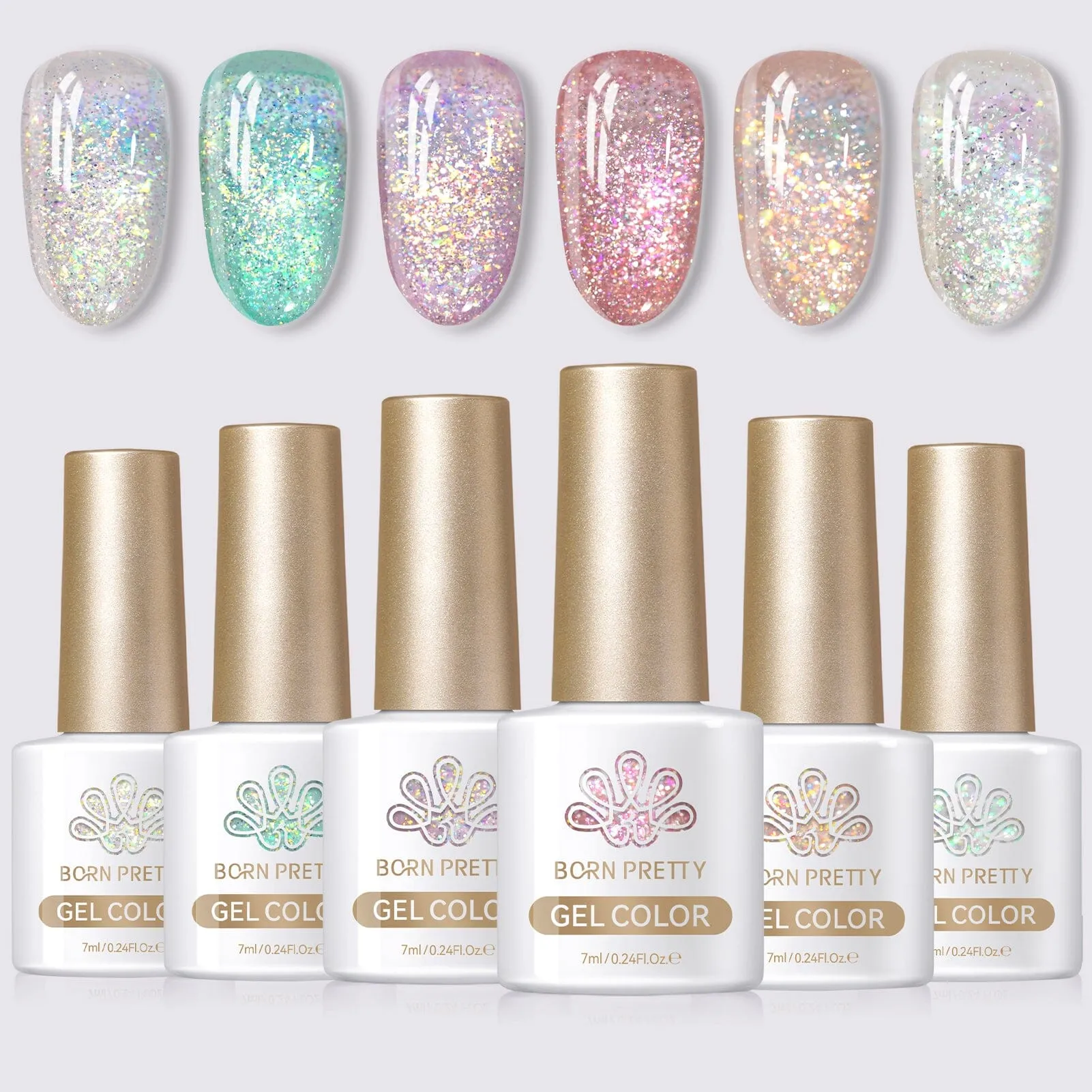 6 Colors Pink Green Reflective Glitter Gel Polish Set T15 Crush Starlight 7ml