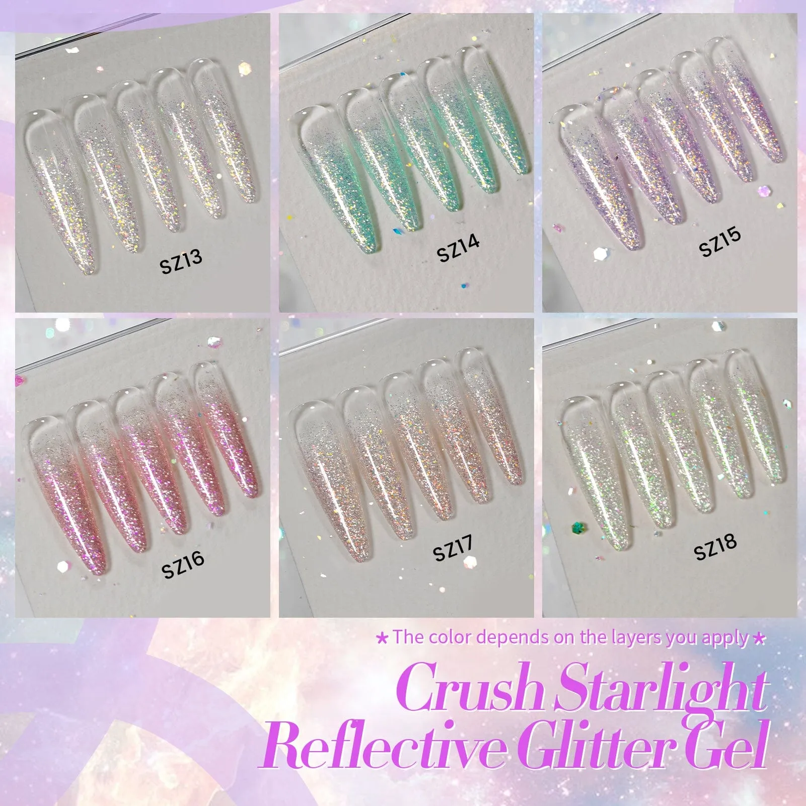 6 Colors Pink Green Reflective Glitter Gel Polish Set T15 Crush Starlight 7ml