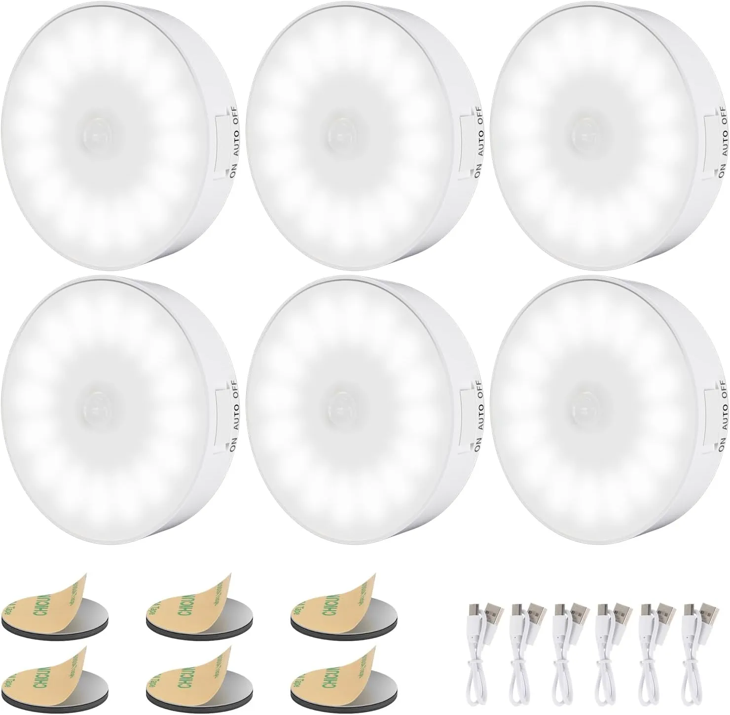 6 Pack Motion Sensor Light Indoor [Upgraded 14 LEDs], USB Rechargeable Night Light, Long Last Battery & 3 Light Modes, Wireless Magnetic Nightlight for Closet, Stairs, Hallway - Cold White