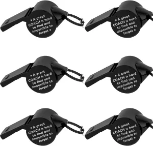 6 Pack Stainless Steel Lanyard Whistle Gift for Coach with A Word A Great Coach is Hard to Find and Impossible to Forget,Thank You Coach Gift，Loud Crisp Sound Whistles with 6 Gift Box. (Black)