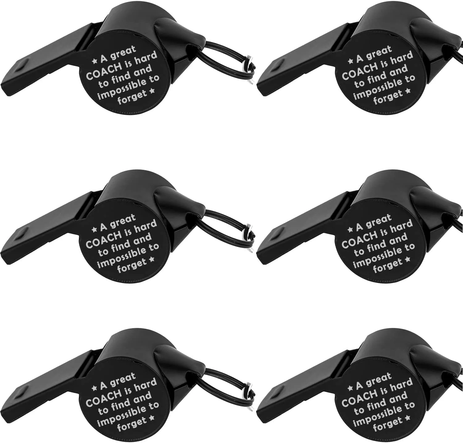 6 Pack Stainless Steel Lanyard Whistle Gift for Coach with A Word A Great Coach is Hard to Find and Impossible to Forget,Thank You Coach Gift，Loud Crisp Sound Whistles with 6 Gift Box. (Black)