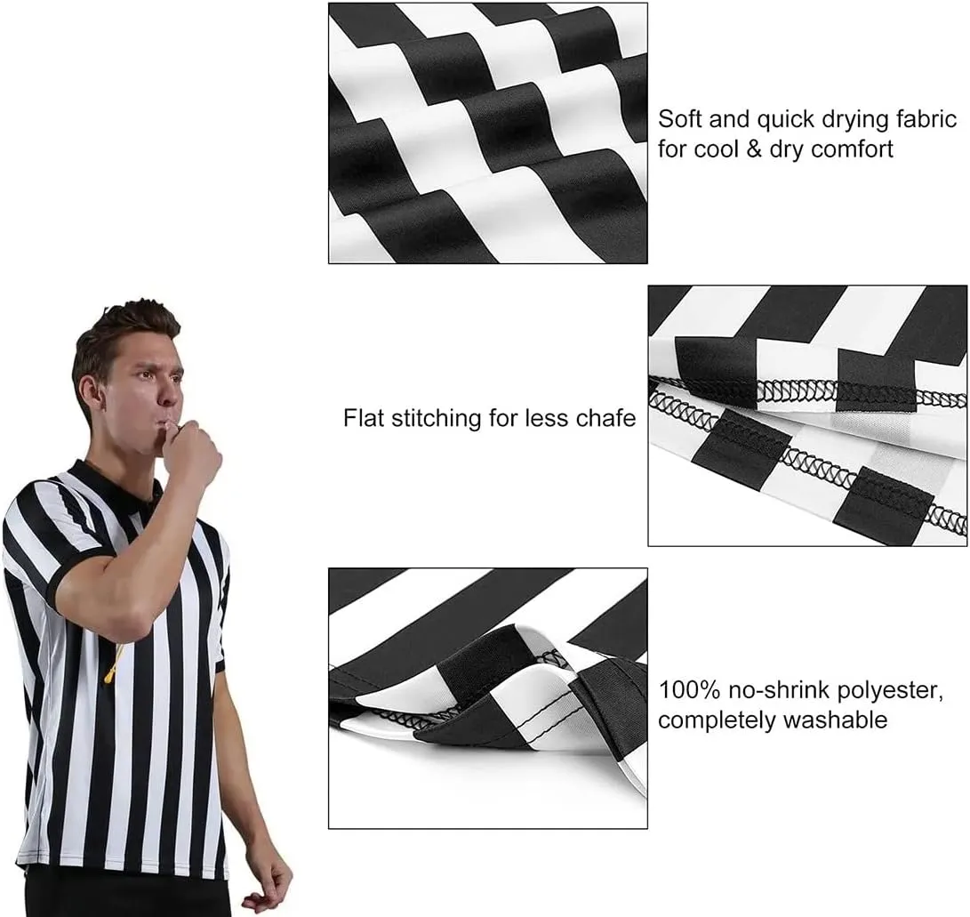 6 Pieces Men's Official Referee Costume Set, Official Umpire Jersey Collar V-Neck Referee Shirt Referee Cards Hat Whistle with Lanyard Penalty Flag, Referee Necessities for Basketball Football Soccer