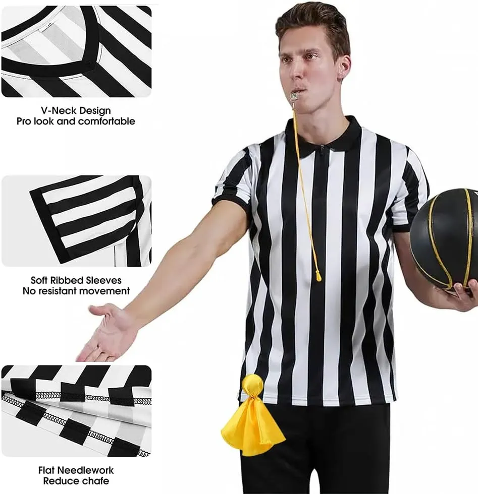6 Pieces Men's Official Referee Costume Set, Official Umpire Jersey Collar V-Neck Referee Shirt Referee Cards Hat Whistle with Lanyard Penalty Flag, Referee Necessities for Basketball Football Soccer