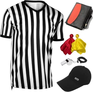 6 Pieces Men's Official Referee Costume Set, Official Umpire Jersey Collar V-Neck Referee Shirt Referee Cards Hat Whistle with Lanyard Penalty Flag, Referee Necessities for Basketball Football Soccer