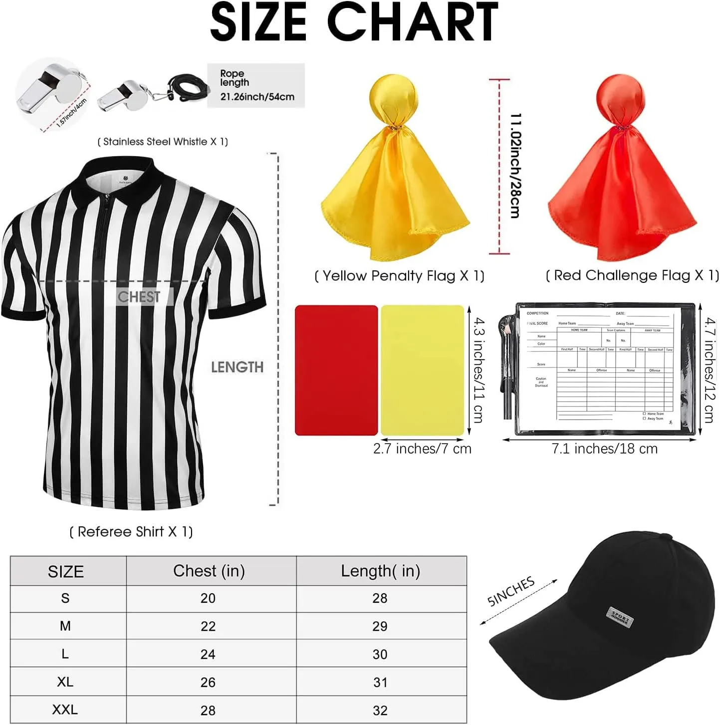 6 Pieces Men's Official Referee Costume Set, Official Umpire Jersey Collar V-Neck Referee Shirt Referee Cards Hat Whistle with Lanyard Penalty Flag, Referee Necessities for Basketball Football Soccer