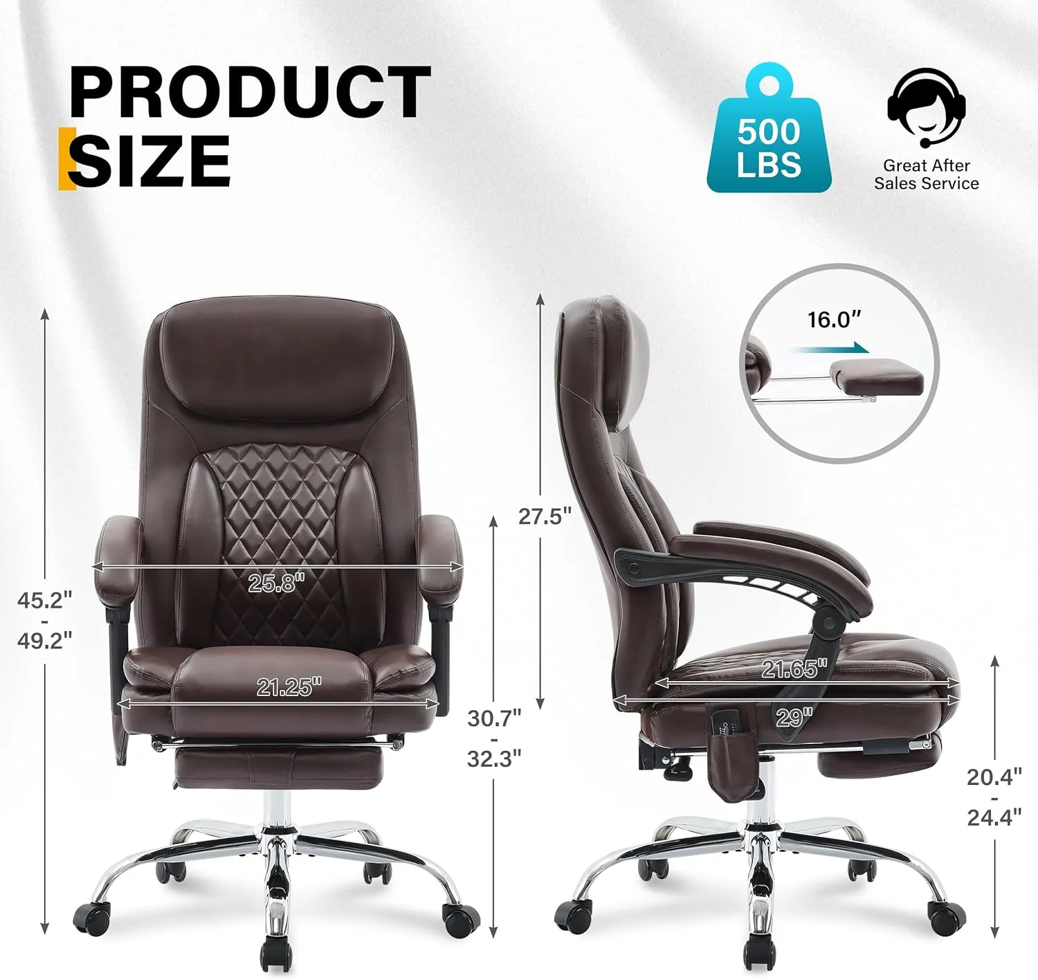 6-Point Massage Office Chair with Heated, Ergonomic Desk Chairs with Footrest & 135°Reclining High Back, Big and Tall Executive Offices Chair 500LBS, Thick Cushion Gaming Chair for Home Office, Brown