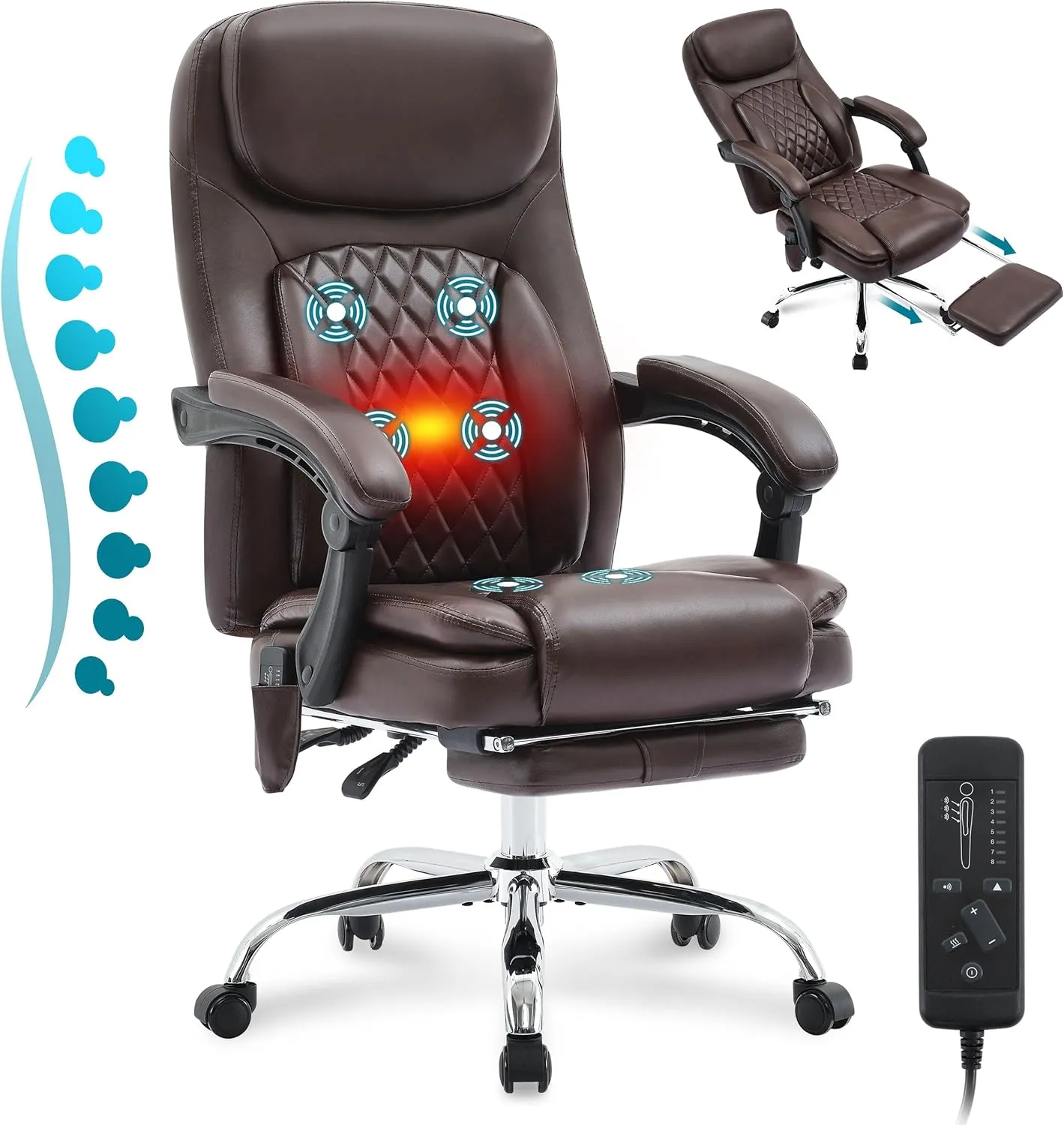 6-Point Massage Office Chair with Heated, Ergonomic Desk Chairs with Footrest & 135°Reclining High Back, Big and Tall Executive Offices Chair 500LBS, Thick Cushion Gaming Chair for Home Office, Brown