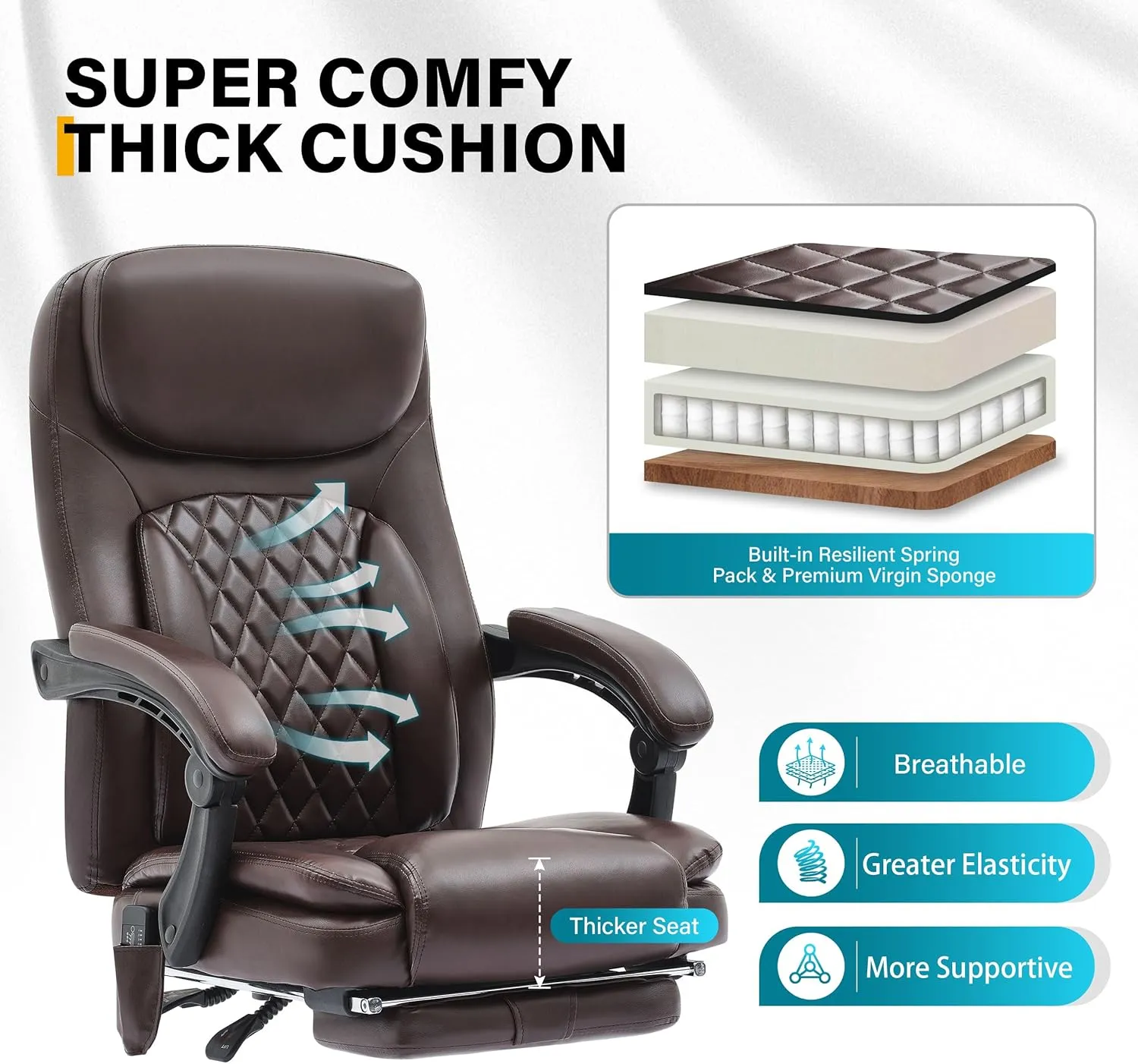 6-Point Massage Office Chair with Heated, Ergonomic Desk Chairs with Footrest & 135°Reclining High Back, Big and Tall Executive Offices Chair 500LBS, Thick Cushion Gaming Chair for Home Office, Brown