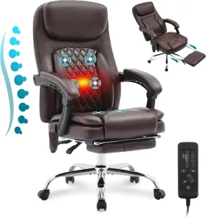 6-Point Massage Office Chair with Heated, Ergonomic Desk Chairs with Footrest & 135°Reclining High Back, Big and Tall Executive Offices Chair 500LBS, Thick Cushion Gaming Chair for Home Office, Brown