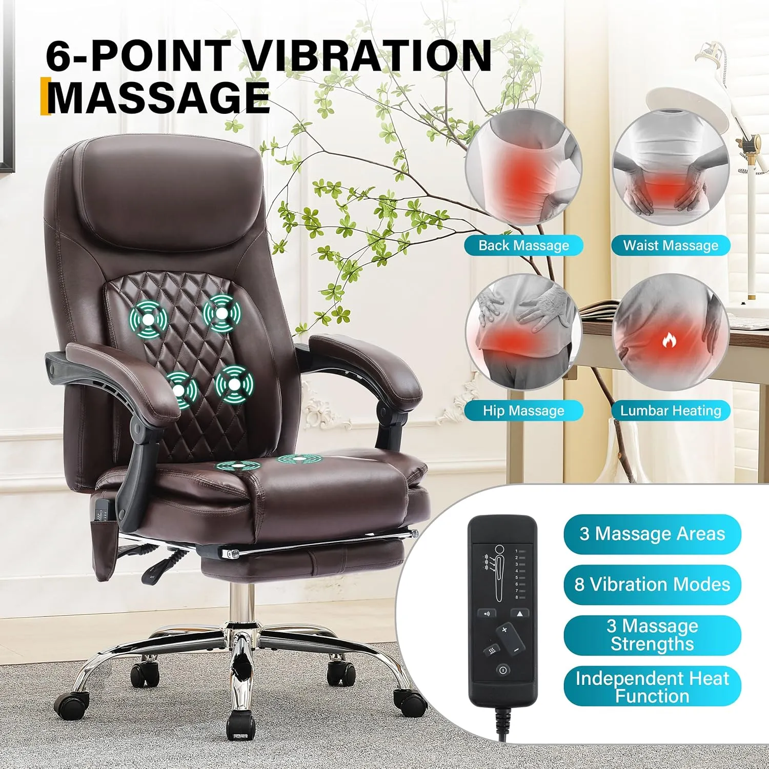 6-Point Massage Office Chair with Heated, Ergonomic Desk Chairs with Footrest & 135°Reclining High Back, Big and Tall Executive Offices Chair 500LBS, Thick Cushion Gaming Chair for Home Office, Brown