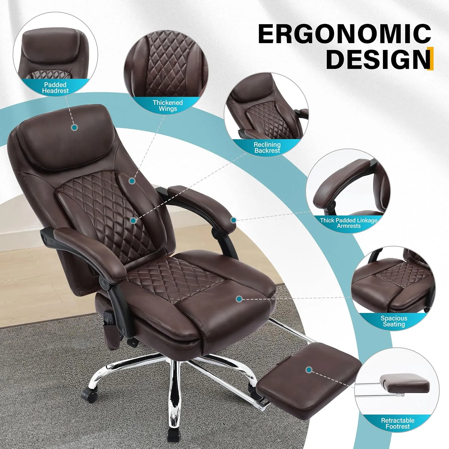 6-Point Massage Office Chair with Heated, Ergonomic Desk Chairs with Footrest & 135°Reclining High Back, Big and Tall Executive Offices Chair 500LBS, Thick Cushion Gaming Chair for Home Office, Brown