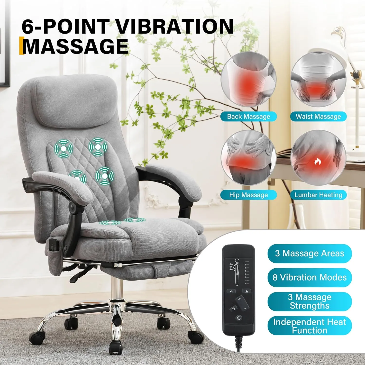 6-Point Massage Office Chair with Heated, Ergonomic Desk Chairs with Footrest & 135°Reclining High Back, Big and Tall Executive Offices Chair 500LBS, Thick Cushion Gaming Chair for Home Office, Grey