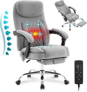 6-Point Massage Office Chair with Heated, Ergonomic Desk Chairs with Footrest & 135°Reclining High Back, Big and Tall Executive Offices Chair 500LBS, Thick Cushion Gaming Chair for Home Office, Grey