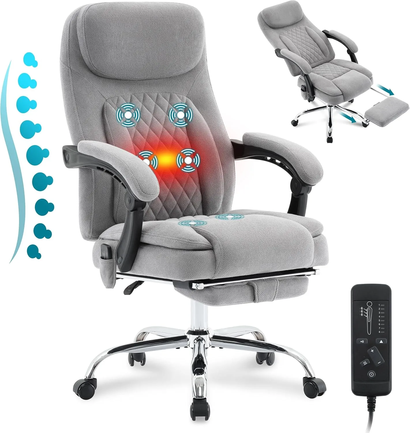 6-Point Massage Office Chair with Heated, Ergonomic Desk Chairs with Footrest & 135°Reclining High Back, Big and Tall Executive Offices Chair 500LBS, Thick Cushion Gaming Chair for Home Office, Grey