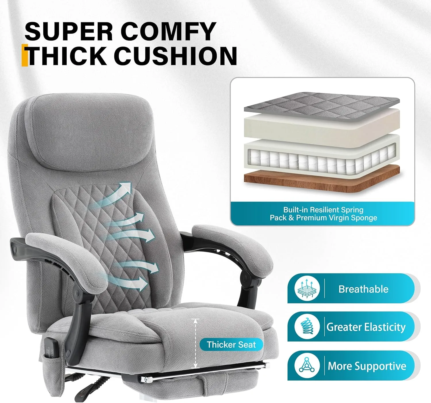 6-Point Massage Office Chair with Heated, Ergonomic Desk Chairs with Footrest & 135°Reclining High Back, Big and Tall Executive Offices Chair 500LBS, Thick Cushion Gaming Chair for Home Office, Grey