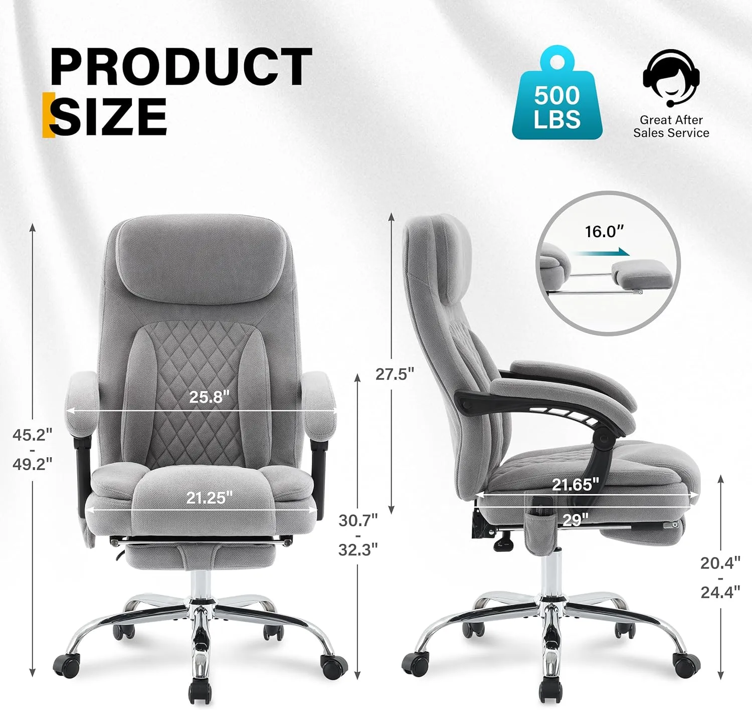 6-Point Massage Office Chair with Heated, Ergonomic Desk Chairs with Footrest & 135°Reclining High Back, Big and Tall Executive Offices Chair 500LBS, Thick Cushion Gaming Chair for Home Office, Grey