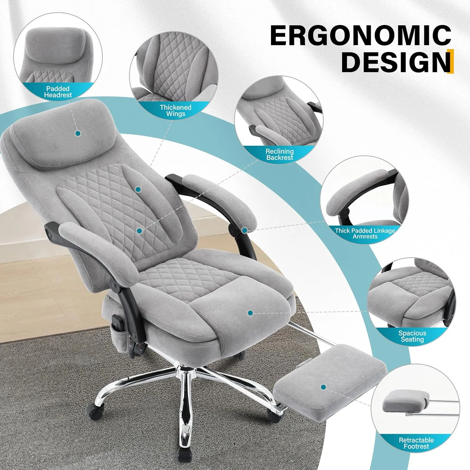 6-Point Massage Office Chair with Heated, Ergonomic Desk Chairs with Footrest & 135°Reclining High Back, Big and Tall Executive Offices Chair 500LBS, Thick Cushion Gaming Chair for Home Office, Grey