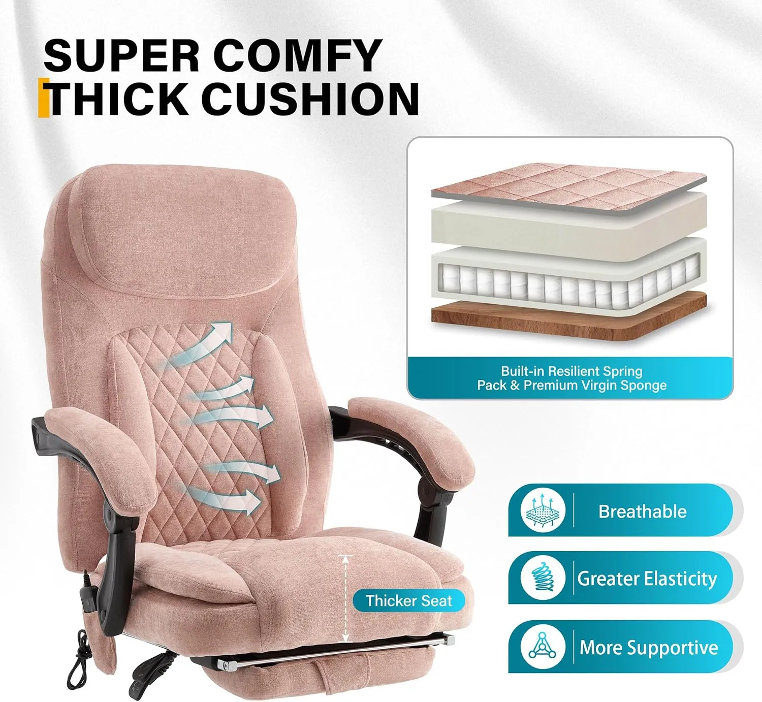 6-Point Massage Office Chair with Heated, Ergonomic Desk Chairs with Footrest & 135°Reclining High Back, Big and Tall Executive Offices Chair 500LBS, Thick Cushion Gaming Chair for Home Office, Pink